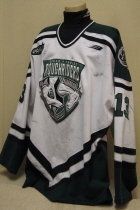 Cedar Rapids RoughRiders Mike Pasley 2001-02/02-03 This one was worn by forward Mike Pasley. Judging by the wear, this one must have been worn both seasons Mike was with the Riders, 2001-02 and 2002-03. Great wear, lots of team repairs. It is manufactured by Bauer and is a size 56.