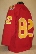 This one is from the early 90's. Fully chain stitched front and shoulder logos. Heat pressed numbers and stripes. NNOB. Shows some wear but has little sign of multiple washings like I would suspect of a jersey from this time period. Still a very cool USHL gamer. Manufactured by Athletic Sewing, sized a XXL. Any Dubuque fans help me place a player name to this jersey would be great!!!