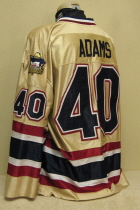 Green Bay Gamblers #40 Bret Adams 2001-02 This jersey is one of my favorites!!! Great logo, tons of wear, awesome colors, all on a dazzle material. This one was worn by Bret Adams during the 01-02 campaign. I think that originally it was a regular gamer, then in the 01-02 season used as the team's alternate jersey. Made by Gemini and is a size 48.
