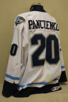 A.J. Penchenko Indiana Ice 2004-05 White #20 This one was worn by defenseman A.J. Penchenko during the inaugural season of the Indiana Ice USHL hockey team. This size 58 by SP has great wear. Also has captain "C" with SP logo on left chest and Ice patches on both shoulders.
