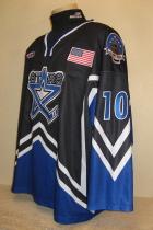 This one was worn breifley durnig the 2007-08 season by Kyle Follmer. Worn for the first 12 games, these black jerseys were replaced due to jersey desing and numbering. Because of the star design on back, only 10" numbers fit on the back. They were replaced with 12" numbers. Has Teir 1 and Flag patches on front and Capitol shoulder patches. This is made by OT Sports and is a size 56.