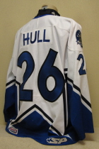 This one was worn during the 2006-07 season by Mike Hull. Manufactured by SP this one is a size 54. Has Stars patches on shoulder and SP logo on front, also SP and USHL logos on rear hem. 