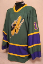 This jersey was worn during the 2007-08 season by Jon Swavely. These were worn the first half of the season as a alternate jersey. They were auctioned off at the mid-point of the season. Made by OT this is a size 56.