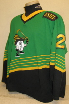 Nick Tietjen Away #21 1996-97 This one was worn during the 96-97 season by Nick Tietjen. NOB and yellow on black USHL chest patch. This away sweater is made by CCM and is a size 52.