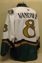 Jeff Van Dyke #8 White 2000-01. This was worn by, Musketeer fan favorite, Jeff Van Dyke during the 2000-01 season. Jeff played in SC 3 seasons before being traded to the Lincoln Stars. Sholder patches, USHL chest crest and alternate's 
