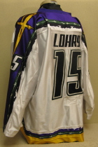 Worn during the 05-06 season by Kevin Lohry. This #15 jersey was worn by Sioux City native shows lots of wear. Kevin started his hockey career in the Sioux City Youth program and played all through high school. Kevin split his senior year between the Metros and Musketeers. The following season, 2005-06, he would earn a full time spot on the Musketeer rooster and the next season, 2006-07, he would go on to be named alternate captain and, secure a scholarship at Princeton University. All-Star Game Patch and NOB . Manufactured by OT Sports, this size 56 shows great wear. 