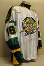 Justin Hillier #16 White 1999-2000. Worn one season by Justin Hillier. This homer is made by K1. Shoulder patches, NOB, USHL crest and nice wear on 'Dazzle