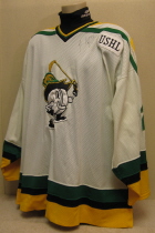 1994-95 Jesse Monell #21 Worn by Sioux City native Jesse Monell. Jesse played three seasons for the Musketeers. This would be the first year for the Puckman logo. NNOB, USHL chest patch, this one is made by Althletic Sewing and is sixed XXL.