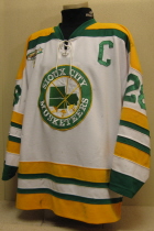 Justin Fletcher #28 2002-03 Throwback Jersey This special throwback jersey (see first season jersey #30) was worn by Justin Fletcher. This commerated 30 years of Musketeer hockey. Used as an alternate, they were raffled of near the end of the season. It is a size 48, made by Gemini. 