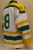 Paul Warden 80-81 & 81-82 These are from the first and second seasons of Sioux City USHL Junior A hockey. Worn briefly by Blair Swain, after a trade, Paul Warden wore this jersey for the remainder of the season as well as the complete next season. Made by Harv-Al Athletic Mfg. It is a sized 