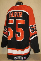 Omaha Lancers Nate Mauer 1997-98 This gamer was worn by Nate Mauuer during the 97-98 season. USHL crest on front and Bauer Tag and round USHL logo on rear hem, NOB. Shows nice overall wear. Made by Bauer, size 54. 