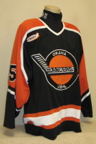 Omaha Lancers Nate Mauer 1997-98 This gamer was worn by Nate Mauuer during the 97-98 season. USHL crest on front and Bauer Tag and round USHL logo on rear hem, NOB. Shows nice overall wear. Made by Bauer, size 54. 