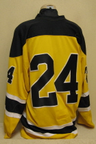 Rochester Mustangs Yellow #24 This jersey is from the final Mustang's season, 1999-2000. These were their home jerseys for close to 3 seasons. They show terrific wear. Still researching, the NOB has been removed. Manufactured by ProJoy.