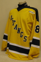 Rochester Mustangs Yellow #8 1999-2000 This jersey is from the final Mustang's season, 1999-2000. These were their home jerseys for close to 3 seasons. Its shows terrific wear. Still researching, the NOB has been removed. Manufactured by ProJoy.
