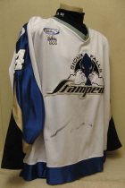 Cody Blanshan Sioux Falls Stampede 2001-02 #24 Worn during the 2001-02 USHL season. Shows great wear. Made by Gemini and is a size 54. NOB, shoulder patches, USHL & Gemini Crest on front. This style of jersey was worn for the first four seasons. 1999-2000 was Sioux Falls' first season in the league. 