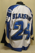 Cody Blanshan Sioux Falls Stampede 2001-02 #24 Worn during the 2001-02 USHL season. Shows great wear. Made by Gemini and is a size 54. NOB, shoulder patches, USHL & Gemini Crest on front. This style of jersey was worn for the first four seasons. 1999-2000 was Sioux Falls' first season in the league. 