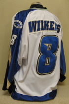 Jake Wilkens Sioux Falls Stampede 2001-02 #8 Worn during the 2001-02 USHL season. Shows great wear. Made by Gemini and is a size 54. NOB, shoulder patches, USHL & Gemini Crest on front. This style of jersey was worn for the first four seasons. 1999-2000 was Sioux Falls' first season in the league. 