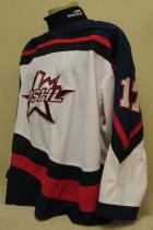 This is a home USHL All-star jersey number #17. These were also the jerseys the USHL team wore while representing the USA in the annual 4 Nations Tournament. Worn for two seasons, 99-00 and 00-01. It is made by Jammin' and sized an XXL. If you have any idea who wore this jersey either season, I would love to have your input. Thanks!!!