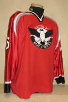 Waterloo Black Hawks # 15 2000-01 Red Worn by Kyle Cash during the 00-01 season. These sharp looking jerseys were made by Bauer. It has the alternate 'Hawks logo on the shoulder and also the USHL and Bauer logos on the chest.