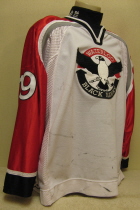 Waterloo BlackHawks #19 2001-02 Home This one was worn during the 2001-02 season by Jeff McFarland. This one has tons of wear as it was used for this and the previous season. Manufactured by SP, it is size 56.