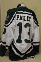 Cedar Rapids RoughRiders Mike Pasley 2001-02/02-03 This one was worn by forward Mike Pasley. Judging by the wear, this one must have been worn both seasons Mike was with the Riders, 2001-02 and 2002-03. Great wear, lots of team repairs. It is manufactured by Bauer and is a size 56.