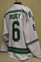 Sean Muncey Cedar Rapids Rough Riders 2004-05 White #6. This one was worn by Sean Muncey during a brief stay in the Riders organization. This Athletic Knit jersey is sized XXL. This one has minor wear even though it was worn for only one game. CR took home some hardware this season by sharing in the regular season title with Omaha and beating Sioux City in game five the best of five series to claim the League Championship Clark Cup. 