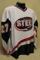 Chicago Steel White #27 Justin Lewandowski 2002-03 Worn by Justin Lewandowski during the 2002-03 season. Made by K1 is is a size XL. NOB however, no USHL chest Crest.