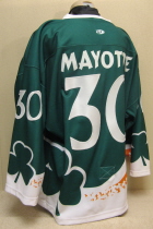 Chris Mayotte #30 01-02 St. Pat's Day Special. This one was worn by goalie Chris Mayotte. Worn obviously as a St. Pat's day special jersey, these were then raffled at the completion of the game. Chris was half of the SCM's goaltending crew that later went on to win the USHL Championship, 
