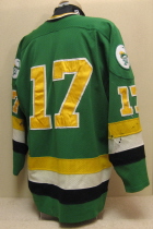 Worn for two seasons by TJ Tanberg. This #17 Green jersey has shoulder patches on both sides. Size XXL. NNOB The 