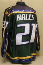 Brian Bales 2003-04 Third jersey. This one was worn during the 2003-04 season by Brian Bales. This was the first season in the new Tyson Event Center, a 6500 seat NHL style arena. This season marked the introduction of purple to the traditional Green Yellow Black Musketeer colors as well as a new logo. Made by Gemini and is a size 52
