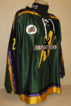 This one was worn during the 05-06 season by Sean Coffey. This season Sioux City also hosted the Prospects & All Star Game on February 7th in the Gateway Arena. Jerseys sported the All Star patch on both home and away jerseys that season. Manufactured by OT Sports and is a size 56. The previous season was the first year for this style jersey. 