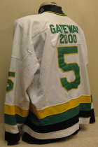Worn by Chad Buckhard during the 91-92 season. No player NOBs, instead, each jersey was sponsored by a different SC business. This one was sponsored by soon to be computer giant Gateway (2000). Size XL.