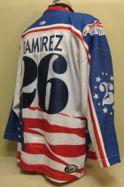 Mike Ramirez 01-02. USA 9/11 Tribute Jersey. This one was worn by Mike Ramirez. These were worn on a single night and were auctioned at the completion of the game. These are made by OT Sports and is a size XXL.