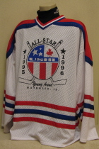 95-96 USHL All-Star Game Jayme Filipowicz This was worn during the USHL All-star game held in Waterloo, Iowa, at the newly opened Young Arena. Worn by Jayme Filipowicz. This all "mesh" jersey is a XXL and is made by Athletic Knits (AK). Screened crest and heat applied numbers & name.