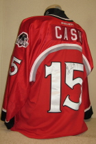 Waterloo Black Hawks # 15 2000-01 Red Worn by Kyle Cash during the 00-01 season. These sharp looking jerseys were made by Bauer. It has the alternate 'Hawks logo on the shoulder and also the USHL and Bauer logos on the chest.