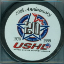 USHL 20th Aviversary logo puck. This logo was available on Souvenir pucks during the 98-99 season. This marked the 20th year of Junior A Hockey.